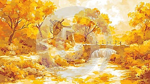 Autumn Watermill Painting