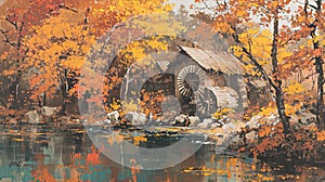 Autumn Watermill Painting