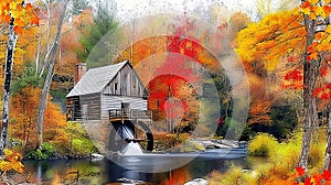 Autumn Watermill Painting