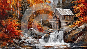 Autumn Watermill Painting