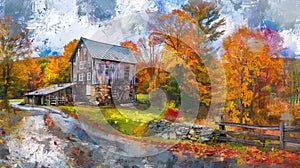 Autumn Watermill Painting