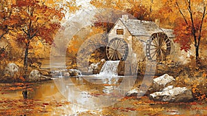 Autumn Watermill Painting