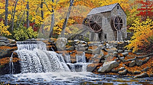 Autumn Watermill Painting