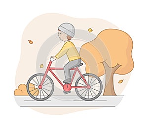 Autumn Weekend Time Leisure Concept. Young Woman Rides Bicycle In the Park. Active People Do Sport And Have A Good Time