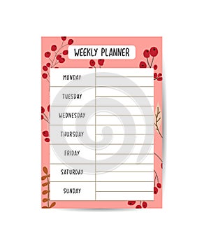 Autumn Weekly Planner Template Week Calendar Schedule with Bright Autumnal Leaves Vector Illustration