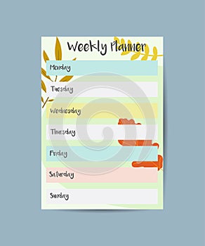 Autumn Weekly Planner Template, Week Calendar Schedule with Bright Autumnal Leaves Vector Illustration