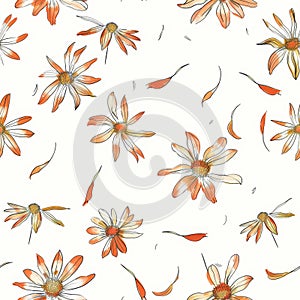 Autumn Whimsy: Hand-drawn Falling Daisies Pattern with Orange Hues