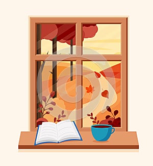 Autumn window with landscape with a book and a coffee cup on the sill. Vector illustration in flat style