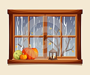 Autumn window with rain outside. Cartoon vector illustration