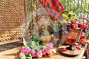 Autumn. Wine bottle, bunch of grapes, fresh organic fruits in basket, warm plaid autumn
