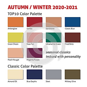 Autumn / Winter 2020-2021 trendy color palette. Fashion color trend. Palette guide with named color swatches. Saturated and