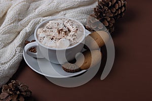 Autumn and winter concept. Cup of cocoa with marshmallows, cookies, white sweater and pine cones on brown background. 