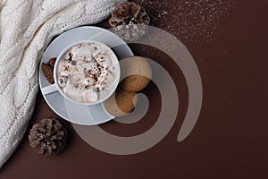 Autumn and winter concept. Top view of cup of cocoa with marshmallows, cookies, white sweater, pine cones and snow on brown 