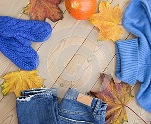 Autumn winter fashion. Autumn fashion background. Winter autumn clothes. Blue jeans, blue sweater pullover, blue mittens. Fall