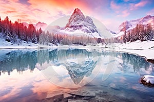 Autumn-Winter Landscape on Lago Antrno, Dolomites, Italy