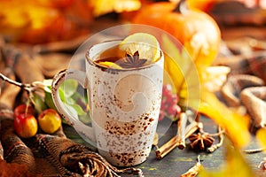 Autumn or winter spice tea in mug with seasonal fruits, berries, pumpkin and leaves on wooden table