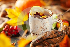 Autumn or winter spice tea in mug with seasonal fruits, berries, pumpkin and leaves on wooden table