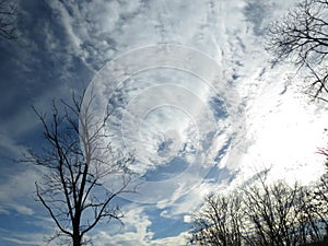 Autumn Winter stormy sky full of white clouds. Weather forecast concept. Oxygen, environment.