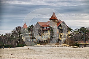 Autumn winter view of the old hotel on the beach in Åeba in Poland