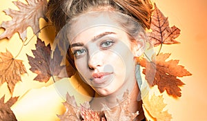Autumn woman with autumnal mood. Hello Autumn and leaf fall Dreams. Black friday sale and shopping. Autumn time for