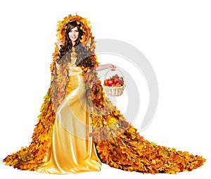 Autumn Woman in Fall Leaves Apples, Model Girl Fashion Yellow Dres