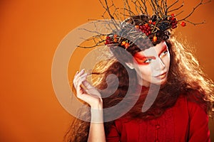 Autumn Woman Fashion Art Portrait. Curly hair. Fall. Beautiful Girl.