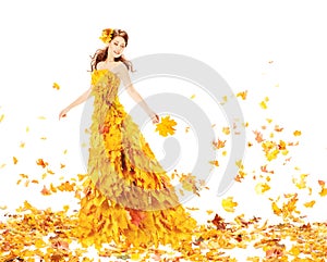 Fashion Autumn Woman, Fall Leaves Dress, Beauty Girl Model Gown