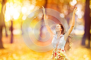Autumn Woman, Happy Young Girl, Floating Model Open Arms in Yell