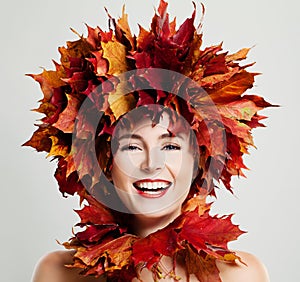 Autumn Woman Laughing. Fall Maple Leaves Wreath