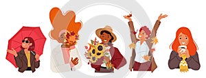 Autumn Women Embrace The Season With Leaves In Their Hearts And Cozy Layers On Their Bodies, Vector Illustration