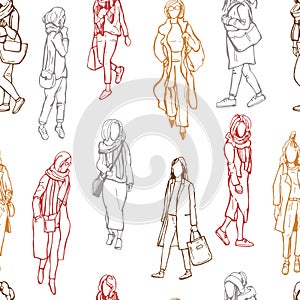 Hand drawn girls on white background. Vector  pattern