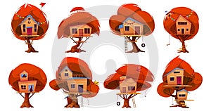 Autumn wood tree house with ladder cartoon set
