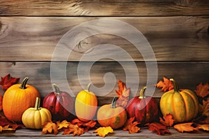 autumn wooden leaf wood pumpkin table halloween background fall orange season. Generative AI.