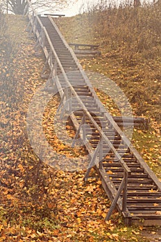 Autumn wooden staircase with maple leaves and the oncoming light of the sun