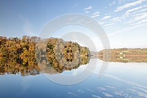 Autumn woodland reflecting in lake