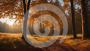 autumn in the woods An autumn nature landscape of colorful forest in the morning sunlight. The forest is full of trees