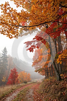 Autumn in the woods with fog far away photo