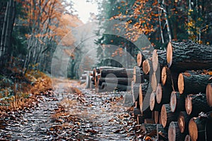 Autumn woods path adorned with logs, serene and picturesque