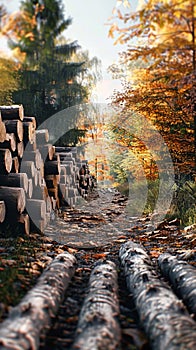 Autumn woods path adorned with logs, serene and picturesque