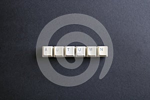 Autumn word is written with computer keys button. Flat lay view