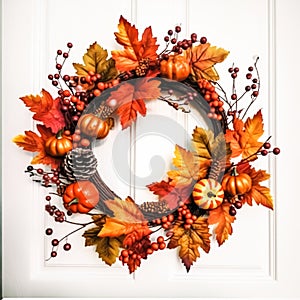 Autumn wreath as decoration on white door, welcoming autumn holiday season with autumnal decorations, generative ai