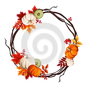 Autumn wreath border with pumpkins and colorful autumn leaves. Vector greeting card or background frame.
