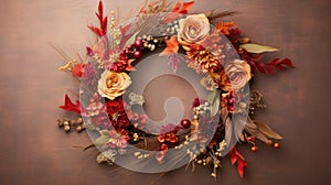 Autumn wreath closeup. Handmade from natural materials. Fall home decor, mood, still life. Harvest or Halloween concept