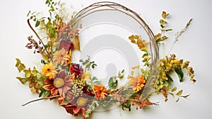 Autumn wreath closeup. Handmade from natural materials. Fall home decor, mood, still life. Harvest or Halloween concept