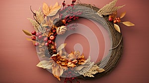 Autumn wreath closeup. Handmade from natural materials. Fall home decor, mood, still life. Harvest or Halloween concept