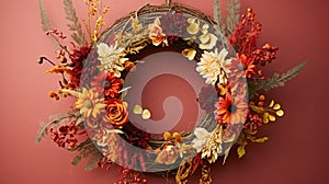 Autumn wreath closeup. Handmade from natural materials. Fall home decor, mood, still life. Harvest or Halloween concept