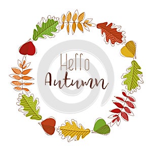 Autumn wreath with falling leaves. Background for fall season.