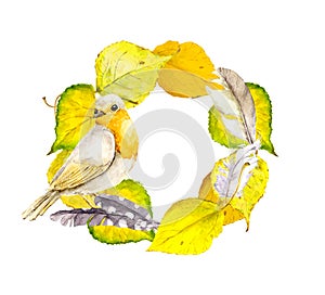 Autumn wreath frame with yellow leaves, feathers and bird.