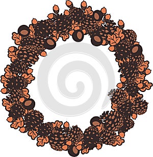 Autumn wreath illustration with pinecones, leaves, conkers, and acorns