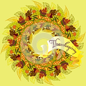 Autumn wreath for Thanksgiving day design with corn, wheat, ribbon